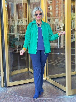 Crystal Zipper Cardigan with Collar Kelly Green