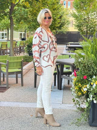 One Size Beige Heart Printed Knitted Sweater