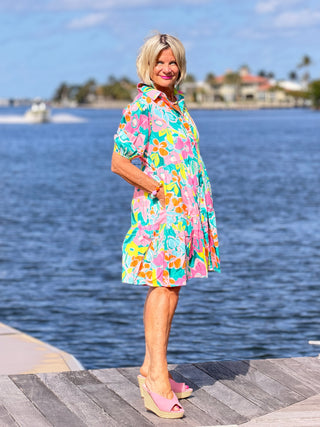 Fashion-W Floral Short Sleeve Buttoned Babydoll BOHO Dress Cathys Place