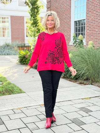 Women's Floral Placement Eyelash Sweater RED Cathys Place