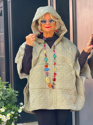 Oversize Quilted Puffer Hood Cape Poncho  SAGE