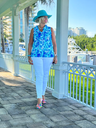 BLUE DREAMING HEARTS SLEEVELESS RUFFLE TOP