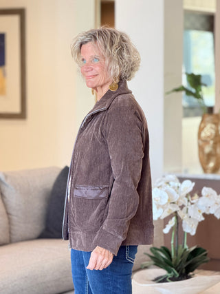 Women's Portrait Collar Velveteen Zip Front Jacket COCOA Cathys Place