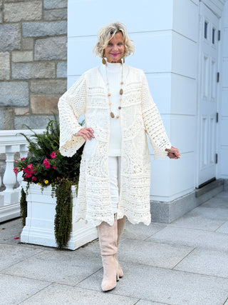 CROCHET CREAM LONG CARDIGAN Cathys Place