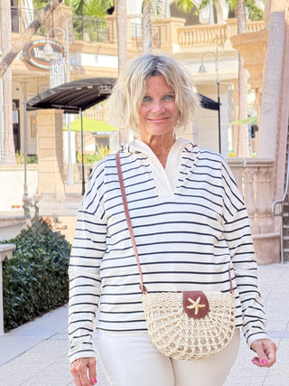 V-Neck Striped Hoodie - Navy CHARLIE B