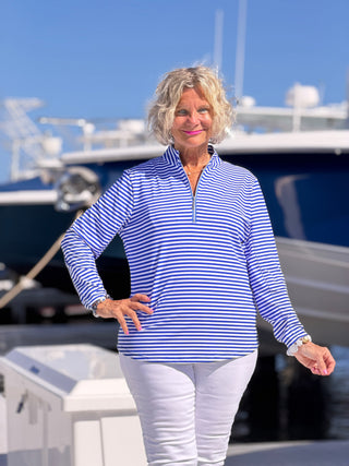HARBOR BLUE STRIPED HALF ZIPPER TOP LULU-B
