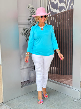 LULU-B SOLID AQUA COLLAR SLEEVE TOP