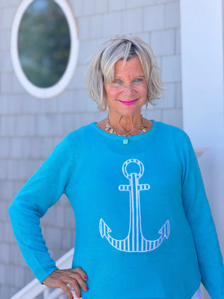 DOCKSIDE NAUTICAL AQUA STRIPE ANCHOR SWEATER Cathys Place