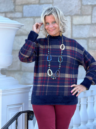 Plaid Eyelash Mock Neck Sweater CHARLIE B
