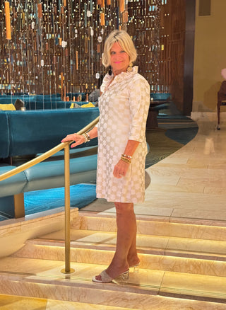 HOLIDAY GOLD AND WHITE RUFFLE DRESS
