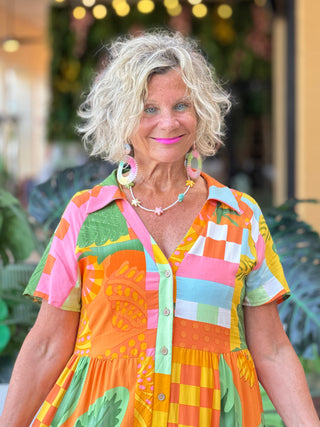 Casual Bohemian ORANGE high-waisted color contrast dress Cathys Place