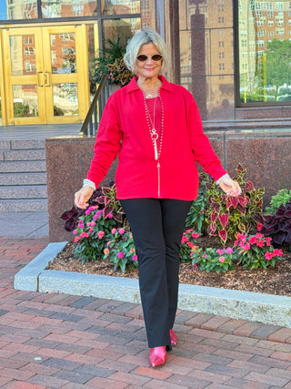 Crystal Zipper Cardigan with Collar Red