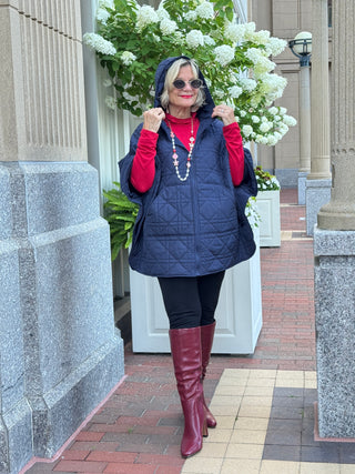Oversize Quilted Puffer Hood Cape Poncho  NAVY