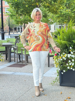 Cream Fall Leaves Round Neck Knit Printed Sweater