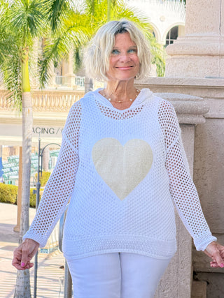 Fishnet Hoodie Sweater With Gold Heart - White CHARLIE B