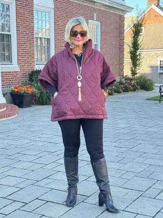 Quilted Short Sleeves Puffer Pullover Poncho Burgundy