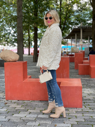 BLUE/CREAM PLAID FAUX FUR JACKET OR COAT - Cathys Place