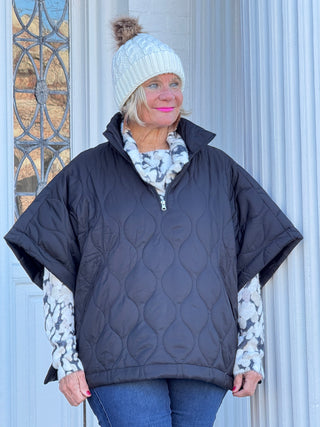 Quilted Short Sleeves Puffer Pullover Poncho Black Cathys Place