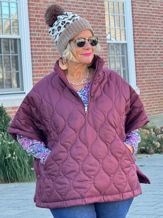 Quilted Short Sleeves Puffer Pullover Poncho Burgundy Cathys Place