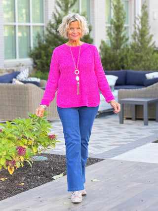Women's Luster Chenille V-Neck Cable Sweater FUSHIA Cathys Place