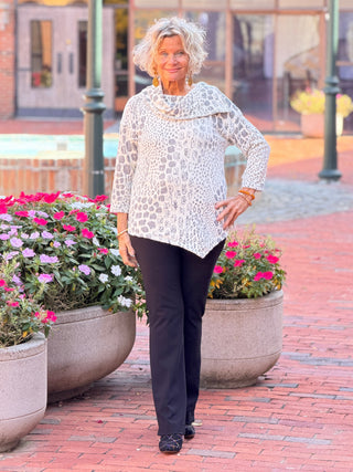 Women's Split Cowl Neck Animal Jacquard Chenille Top IVORY Cathys Place