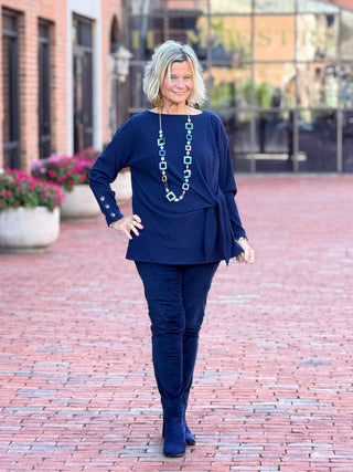 Women's Rib Knit Boat Neck Side Tie Top NAVY Cathys Place