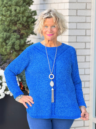 Women's Luster Chenille V-Neck Cable Sweater SAFFIRE Cathys Place