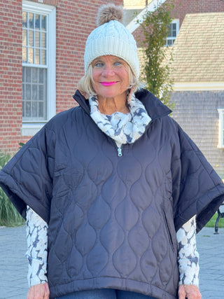 Quilted Short Sleeves Puffer Pullover Poncho Black Cathys Place