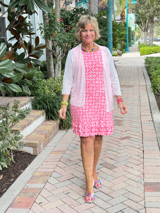 LULU-B CORAL ISLAND SHIFT RUFFLE DRESS