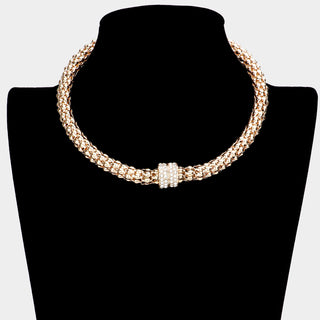 Rhinestone Embellished Metal Choker Necklace 2 COLORS
