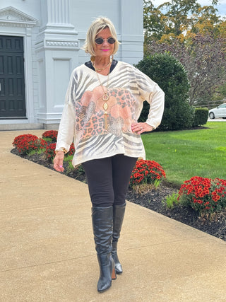 HEARTS & ANIMAL PRINT V-NECK SWEATER