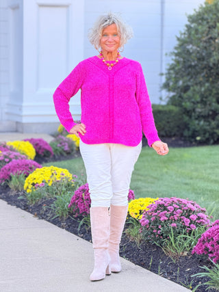 Women's Luster Chenille V-Neck Cable Sweater FUSHIA Cathys Place