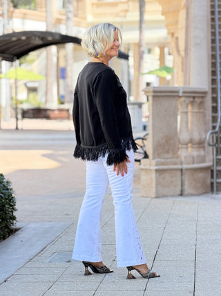 LULU-B  BLACK CASHMERE FRINGE FANCY CARDIGAN LULU-B