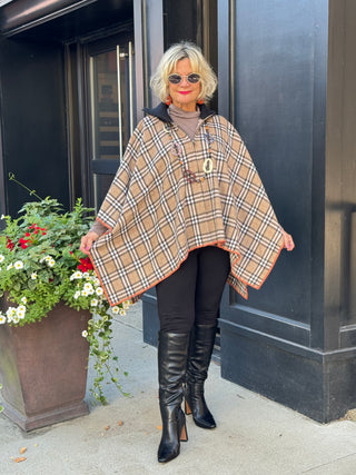 Flannel Plaid Zip Front Poncho BEIGE AND BLACK