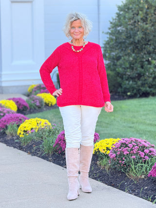 Women's Luster Chenille V-Neck Cable Sweater RED Cathys Place