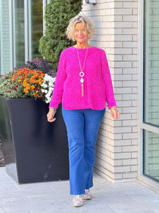 Women's Luster Chenille V-Neck Cable Sweater FUSHIA Cathys Place