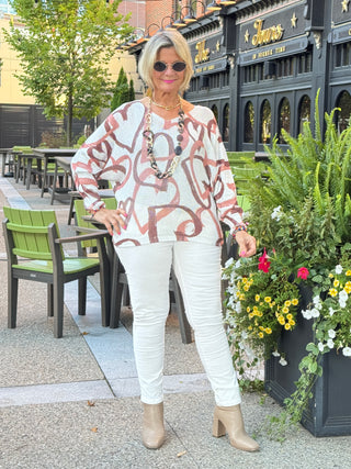 One Size Beige Heart Printed Knitted Sweater