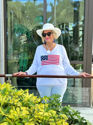 WHITE V NECK FLAG SWEATER