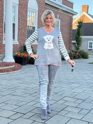 Maltese Puppy Striped Sleeve Sweater