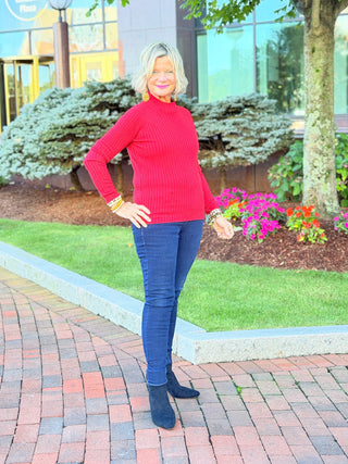 Ribbed Knit Mock Neck Sweater RED CHARLIE B