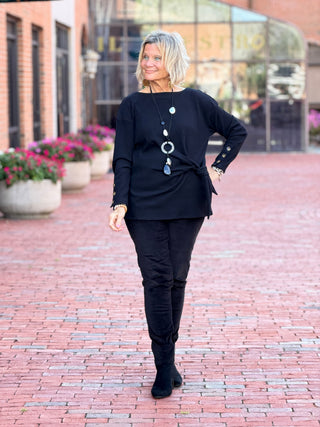 Women's Rib Knit Boat Neck Side Tie Top BLACK Cathys Place
