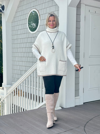 Colored Edge Solid Sleeveless Pocket Sweater Cream