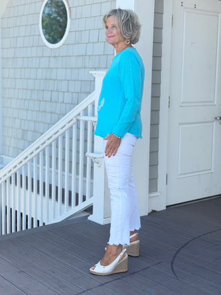 DOCKSIDE NAUTICAL AQUA STRIPE ANCHOR SWEATER Cathys Place