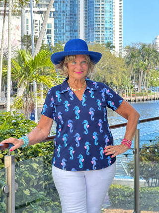LULU B MIDNIGHT REEF SHORT SLEEVE V-NECK COLLAR TOP