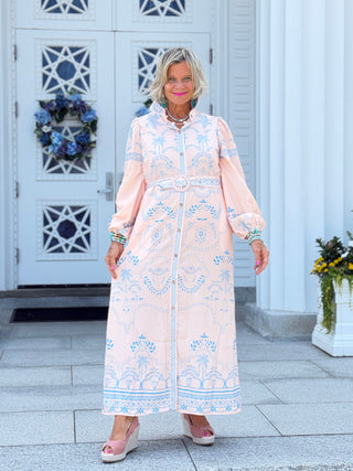 Women Summer Boho Tropical Cotton Linen Maxi Dress with Belt CATHYS RESORTWEAR