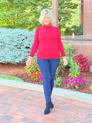 Ribbed Knit Mock Neck Sweater RED CHARLIE B
