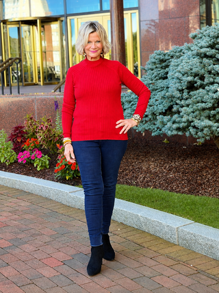 Ribbed Knit Mock Neck Sweater RED CHARLIE B