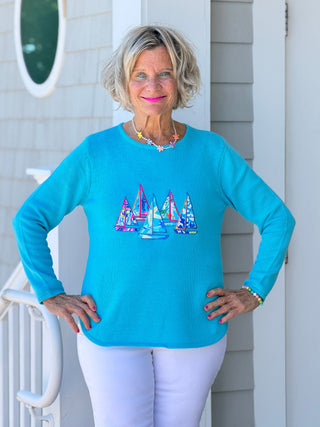 BEACH CLUB AQUA SAILBOAT SWEATER LULU-B