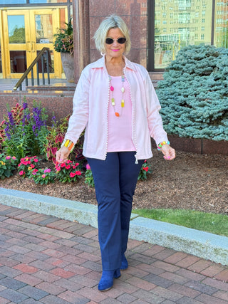 Crystal Zipper Cardigan with Collar Pink