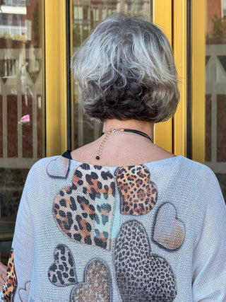 POHEART Beige Hearts V-Neck Knit Printed Sweater LOOWIE